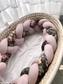 Ochraniacz warkocz bawełniany 3 pasma brudny róż - kwiaty na czarnym